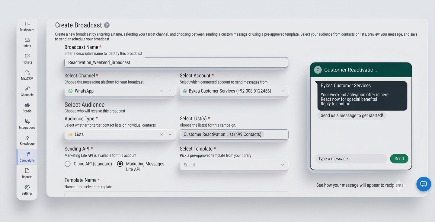 Create Broadcast screen